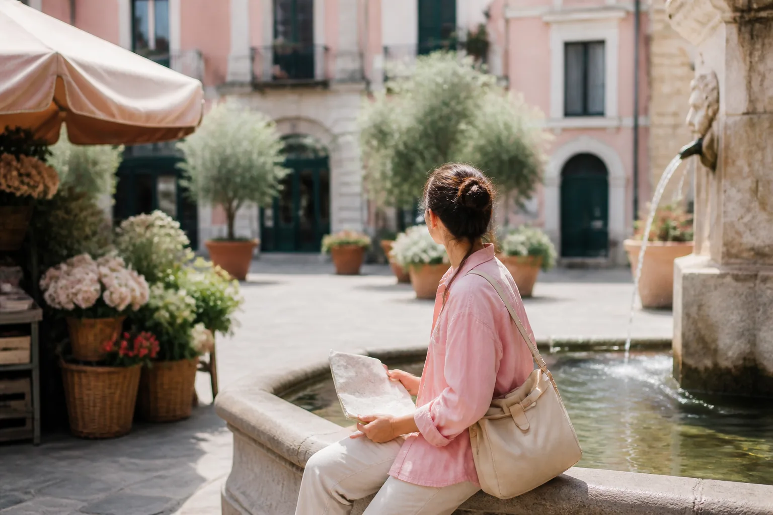 Traveler with a light day bag pausing at a quiet plaza fountain after a market stop, paper map folded in hand, soft late-morning light before choosing a lunch street, 1200x800