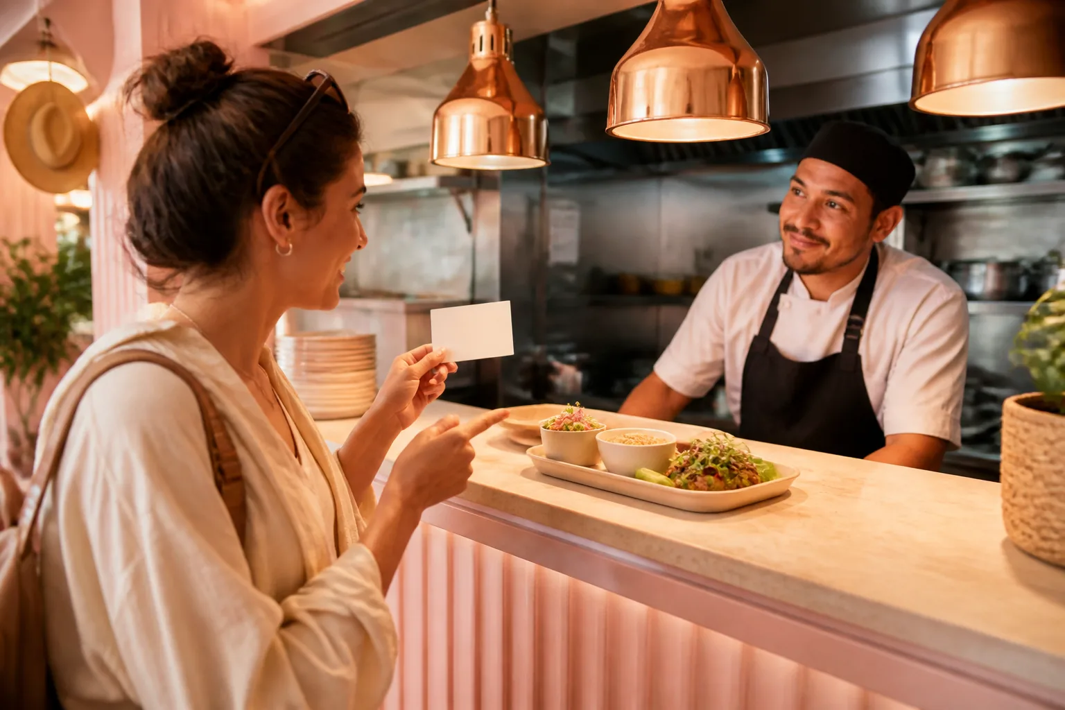 Traveler pointing to a prepared tray at a kitchen pass while holding a small ingredient card, cook nodding across the counter under warm pendant lights, 1200x800