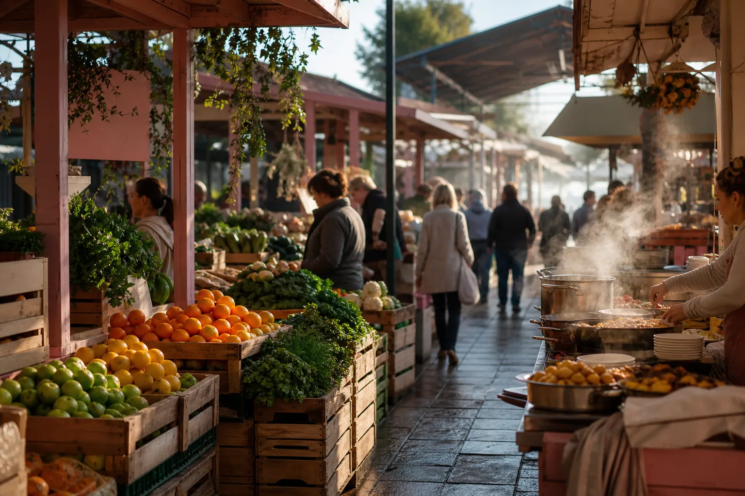 Early morning open-air food market with stacked produce crates, steam rising from a cooked-food stall, and shoppers walking between narrow aisles under soft daylight, 1920x1080