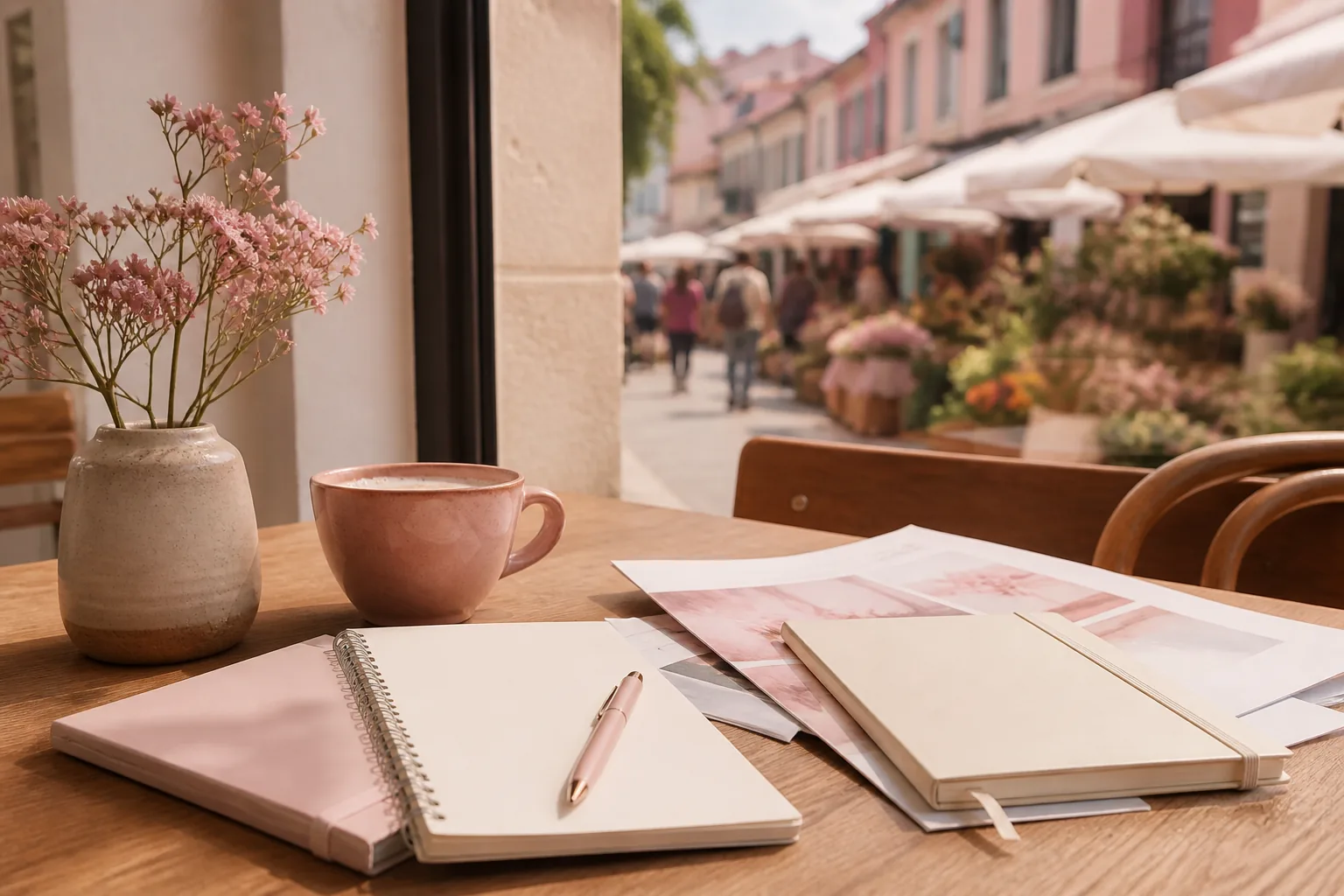 Wooden cafe table with printed field guides, a ceramic cup, soft daylight from a side window, and a market street softly blurred beyond the glass, 1920x1080