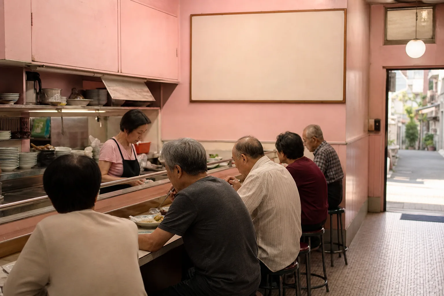 Quiet neighborhood lunch counter with a short handwritten menu board, regulars seated on stools, and soft afternoon light through a narrow doorway, 1200x800