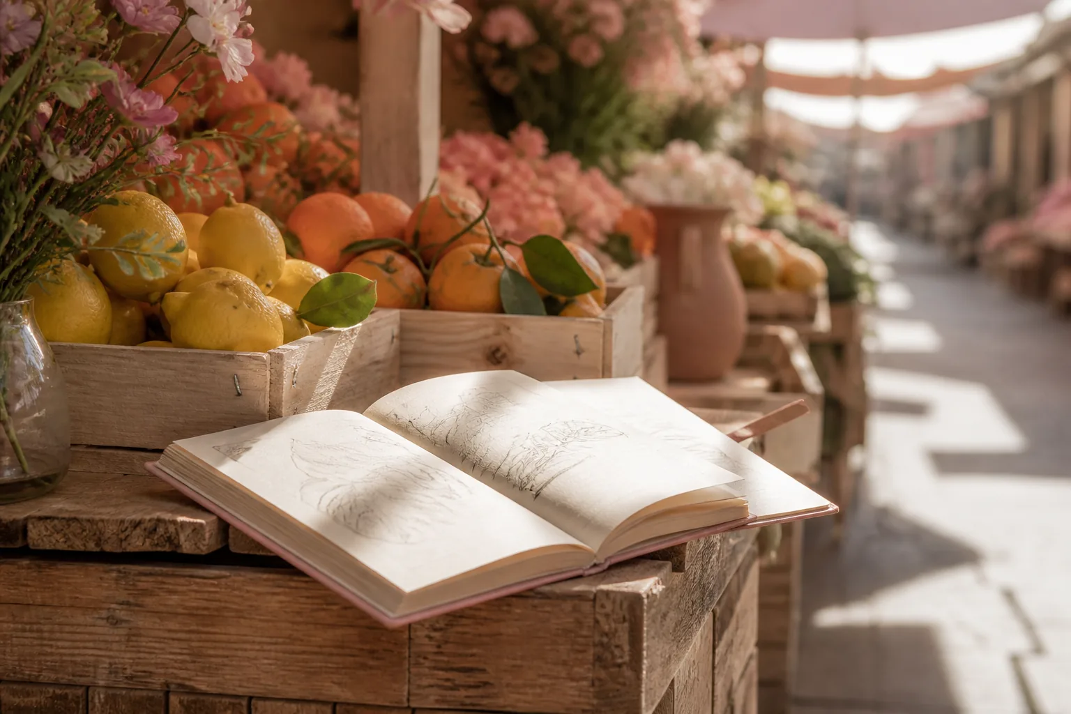 Open field notebook on a wooden stall edge beside citrus crates, pencil marks beside produce sketches, blurred market aisle beyond in soft morning light, 1920x1080