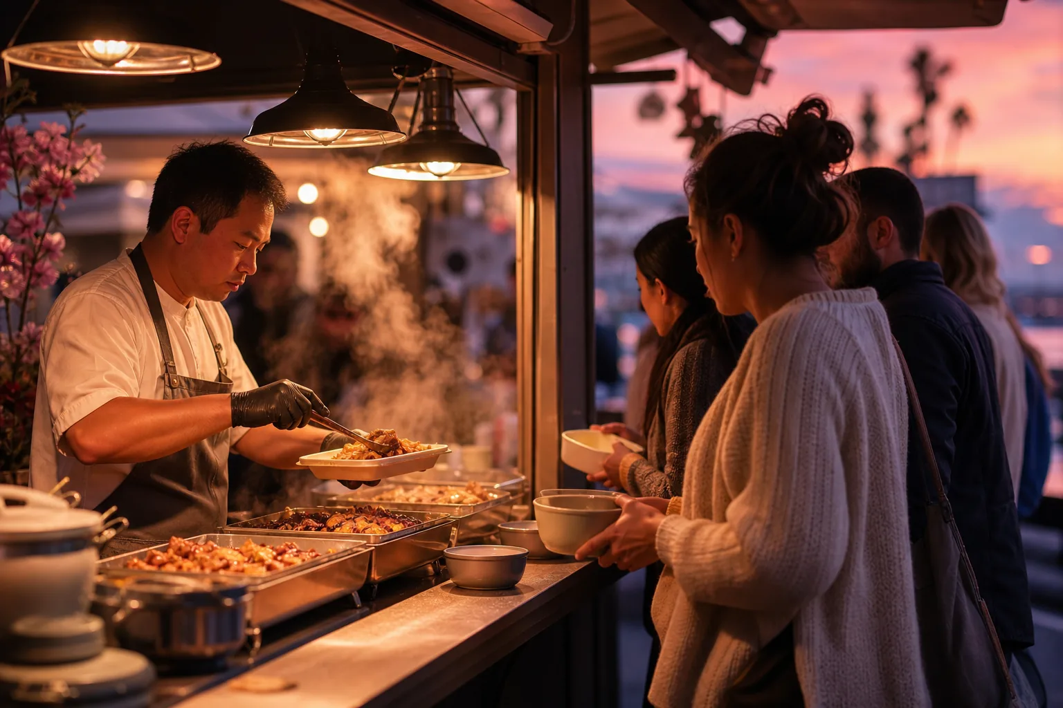 Street food counter at dusk with a cook plating from a metal tray, steam under warm lamps, and a short line of customers waiting with reusable containers, 1200x800