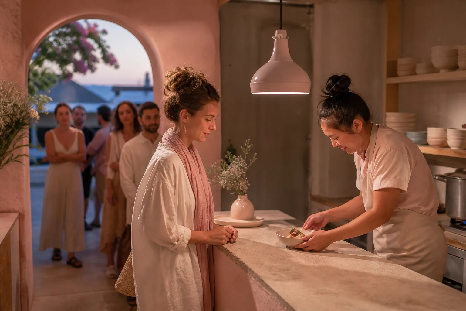 Traveler waiting patiently at a small kitchen counter while a cook plates a simple bowl, soft evening light, no phones raised, calm queue visible in the doorway, 1200x800