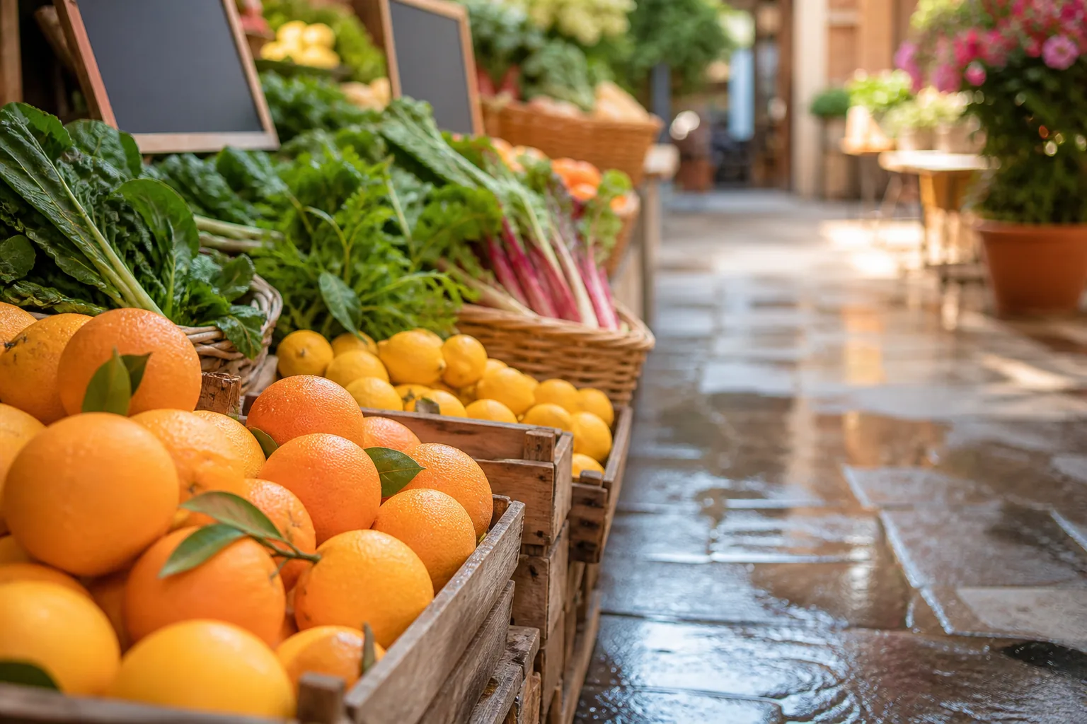 Close view of a produce aisle with citrus crates, leafy greens in woven baskets, handwritten chalk signs, and morning light across wet stone flooring, 1200x800